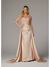 preiswerte Sekt-Meerjungfrau Abendkleid Elegantes Kleid Karneval Maskerade bodenlang langärmlig Illusions-Ausschnitt Champagner Brautmutter Kleid Satin mit Perlen Überrock