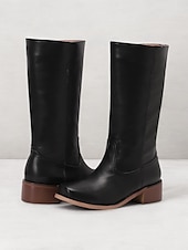 levne Cowboy &amp; Western Boots-dámské hnědé westernové kovbojské boty z umělé kůže - výška do půl lýtek s naskládaným podpatkem pro ležérní outfity a outfity ve venkovském stylu