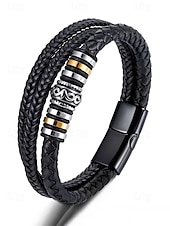 baratos Jóias Masculinas-pulseira masculina de couro trançado com detalhes em contas de metal – pulseira preta elegante de camada dupla com fecho magnético