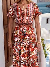 halpa Boho-mekot-Naisten Maksimekko Rento mekko Kellomekko A linjainen mekko Boho-mekko Vapaa-aika Päivittäin Normaali Kukka Lyhythihainen V kaula-aukko Rubiini Kesä Kevät Syksy