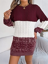 cheap Sweater Dress-Women&#039;s Sweater Sweater Dress Casual Soft Color Block Ribbed Crew Neck Knitted Long Sleeve Long Tops Knit Outdoor Daily Weekend Black Wine Fall Winter