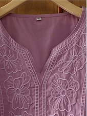 preiswerte Hemden-Damen Hemd Leinen-inspirierte Hemden Einfarbig Blumen Lässig Boho Dreiviertelarm Ellbogenärmel V Ausschnitt Normale Oberteile Urlaub Party Täglich Bestickt Gras-Grün Purpur Herbst Frühling &amp; Sommer