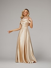 cheap CHAMPAGNE-A-Line Evening Gown Elegant Dress Formal Floor Length Short Sleeve Illusion Neck Satin with Ruched Beading