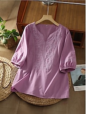 preiswerte Hemden-Damen Hemd Leinen-inspirierte Hemden Einfarbig Blumen Lässig Boho Dreiviertelarm Ellbogenärmel V Ausschnitt Normale Oberteile Urlaub Party Täglich Bestickt Gras-Grün Purpur Herbst Frühling &amp; Sommer