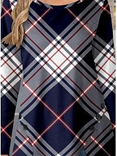 billige Stripe og geometrisk t-skjorte-Dame T skjorte Ruter Fritid Langermet Crew-hals Vanlige topper Daglig Knapper Trykt mønster Asymmetrisk Navyblå Vår &amp; Vinter
