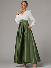 cheap GREEN-A-Line Evening Gown High Split Dress Formal Wedding Guest Floor Length Long Sleeve V Neck Fall Wedding Guest Satin with Pleats Slit