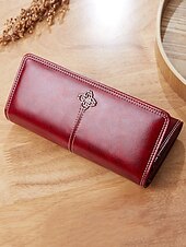 cheap Wallets-Women&#039;s Red Faux Leather Wallet with Multiple Card Slots and Zippered Coin Pocket – Elegant and Functional Clutch for Everyday Use