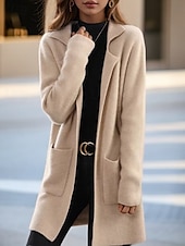cheap Cardigans &amp; Outerwears-Women&#039;s Sweater Cardigan Sweater Jacket Shirt Collar Knit Pocket Knitted Spring Fall Home Daily Weekend Elegant Daily Casual Long Sleeve Pure Color Black Camel