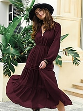 preiswerte Elegante Blumenkleider-Damen Maxidress Casual kleid Boho-Kleid Feste Farbe Retro Romantisch Täglich Verabredung Urlaub Patchwork Mit Gürtel Langarm V Ausschnitt Kleid Regular Fit Wein Herbst Winter S M L XL XXL