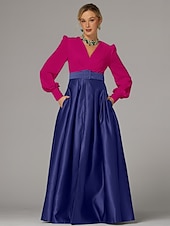 cheap GREEN-A-Line Evening Gown High Split Dress Formal Wedding Guest Floor Length Long Sleeve V Neck Fall Wedding Guest Satin with Pleats Slit