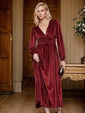 abordables vestido de fiesta-Vestido midi de terciopelo con escote en V fruncido