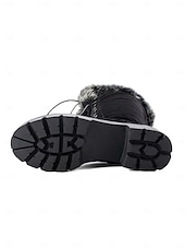 baratos Botas de neve e inverno-botas femininas de camurça sintética com cadarço até o joelho e punhos de pele sintética – calçados de inverno estilosos com sola grossa