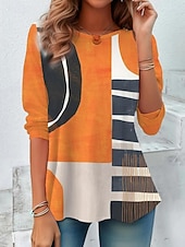 cheap Stripe&amp;Geometric tee-Women&#039;s T shirt Long Sleeve Crew Neck Long Sleeve Tunic Modern Casual Geometric Print Regular Tops Daily Wine Light Brown Blue Orange Brown Fall Winter Prefall