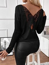 levne Krajkové topy-Elegantní krajkové topy pro ženy s očkovacími detaily sexy blůza neformální jednobarevné běžné topy dlouhý rukáv kulatý výstřih krajkový patchwork regular fit každodenní černé romantické drobné topy