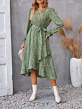 ieftine Rochii florale elegante-rochie midi dama cu decolteu in V cu maneca lunga vara primavara