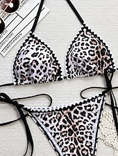 preiswerte Bikini-Sets-Damen Badeanzug Bikinis 2 Stück Cheeky-Bikinihose Bademode Rückenfrei Schlank Urlaub Strandbekleidung Leopard Halfterhals Ärmellos Badeanzüge