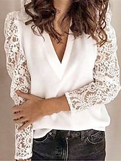 economico Top in Pizzo-Top in pizzo bianco elegante da donna camicetta di pizzo abbigliamento solidale e casual top regolari a maniche lunghe scollo a V patchwork in pizzo vestibilità regolare top romantici da indossare
