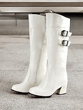 abordables Bottes à la mode-bottes blanches hautes pour femmes avec détail à double boucle – bottes à talon bloc élégantes pour les tenues d&#039;hiver et décontractées