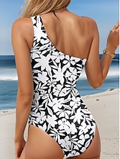 billiga One-piece-baddräkter-Kvinnors baddräkter En del Monokini baddräkt Rygglös Magekontroll Hög midja Smal Semester Strandkläder Blommig Asymmetrisk Hals U-axel Ärmlös baddräkt