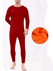 cheap Men&#039;s Pajamas-Men&#039;s Thermal Underwear Sleepwear Thermal Set 2 Pieces Plain Warm Fashion Casual Home Daily Bed Polyester Fleece Comfort Warm Soft Crew Neck Long Sleeve T shirt Tee Pant Fall Winter Black Red