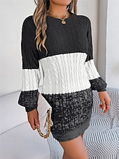 cheap Sweater Dress-Women&#039;s Sweater Sweater Dress Casual Soft Color Block Ribbed Crew Neck Knitted Long Sleeve Long Tops Knit Outdoor Daily Weekend Black Wine Fall Winter