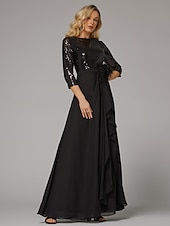 preiswerte SCHWARZ-A-Linie Abendkleid elegantes Kleid formell asymmetrisch Langarm Stehkragen Chiffon mit Federn Perlen Pailletten 2025