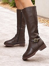 baratos Botas da moda-botas femininas marrons de cano alto com zíper lateral e fivela, salto baixo e design durável – perfeitas para uso casual e ao ar livre