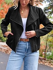 abordables Vestes-Femme Veste décontractée Chaud Confortable Zippé Décontractées Minimalisme Couleur unie Casual Quotidien fermeture Éclair Revers Standard manche longue Vêtements d&#039;extérieur Noir Chameau Marron Hiver