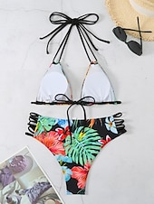 voordelige Bikinisets-Dames Zwemkleding Bikini 2 stuks Brutaal Zwempak Blote rug Uitknippen Slank Vakantie Strand Kleding Bloemig Halternek Mouwloos Badpakken