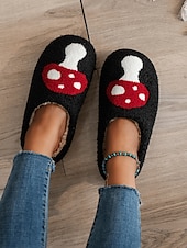 economico Ciabatte e infradito da donna-pantofole da interno nere comode da donna con ricamo a forma di fungo rosso - fodera in peluche, suola antiscivolo, perfette per il relax invernale in casa