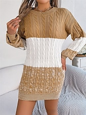 cheap Sweater Dress-Women&#039;s Sweater Sweater Dress Casual Soft Color Block Ribbed Crew Neck Knitted Long Sleeve Long Tops Knit Outdoor Daily Weekend Black Wine Fall Winter