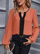 voordelige Vrouwen Werk Tops-Dames Overhemd Blouse Effen Kleur Basic Casual Lange mouw Gekerfde nek Normale tops Dagelijks Lapwerk Oranje Beige Herfst Winter