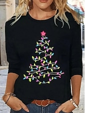 economico Magliette di Natale-tunica natalizia da donna manica 3/4 stampa albero di natale casual elasticizzata rosso bianco fiocco di neve girocollo abbigliamento invernale festivo
