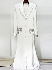 preiswerte Bodenlänge-Schwarz Weiß Blazer A-Linie Abendkleid Vintage Smoking Kleid Formal Hochzeit Bodenlänge Lange Ärmel Hemdkragen mit Strass Glitzer 2025