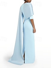 abordables BLEU-Robe de soirée élégante robe fourreau de mariage sur la plage robe de soirée bleu ciel élégante robe formelle longueur maxi manches 3/4 décolleté bijou crêpe extensible avec fente châle
