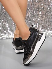 billige Sneakers til kvinner-svarte slip-on joggesko for kvinner med glitterpynt og plattformsåle – stilige fritidssko for hverdagsbruk