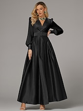 cheap GREEN-A-Line Evening Gown High Split Dress Formal Wedding Guest Floor Length Long Sleeve V Neck Fall Wedding Guest Satin with Pleats Slit