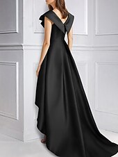 baratos PRETO-Vestido de Festa Elegante Estilo A Vestido de Noite Formal Sem Mangas Decote em V de Cetim com Pregas e Appliques