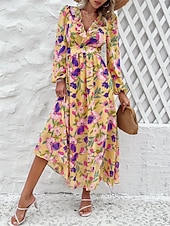 cheap Casual Floral Dresses-Women&#039;s Floral V Neck Maxi Dress Long Sleeve Summer Spring