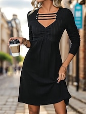 preiswerte schwarzes Minikleid-Damen schwarzes kleid Minikleid Ausgehöhlt Brautkleider schlicht V Ausschnitt Langarm Schwarz Farbe