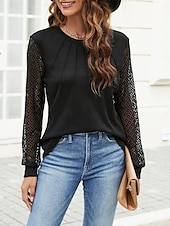 abordables Hauts en dentelle-Blouses Élégantes en Dentelle Top en Dentelle à Oeillets Décontractée Couleur Unie Regular Tops Manches Longues Col en V Dentelle Patchwork Ajustement Normal Quotidien Noir Vin Romantique Petits Tops