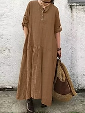 abordables Robes-Femmes Vert militaire bleu marine Kaki Printemps Automne Robe maxi Robes inspirées du lin Élégant Mode Bureau Coupe Ample Col en V