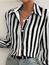 cheap Stripe&amp;Geometric Tops-Women&#039;s Shirt Striped Casual Long Sleeve Shirt Collar Regular Tops Work Daily Buttons Print Black Spring Fall Winter