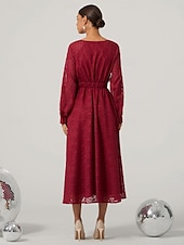 preiswerte abendkleider-Damen Spitzenkleid Midikleid Hohe Taillenlinie Elegant Vintage V Ausschnitt Langarm Wein Farbe
