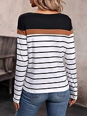 billiga Randig och geometrisk t-shirt-Dam T-shirt Färgblock Randig Mode Modern Ledigt Långärmad Rund hals Vanliga toppar Dagligen Helgen Mönster Svart Vit Höst Vinter