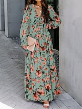 preiswerte Elegante Blumenkleider-Damen Maxikleid mit Blumenmuster und V-Ausschnitt, lange Ärmel, Frühling/Herbst