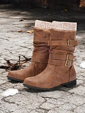 tanie Buty typu slouch-damskie buty ze skóry ekologicznej do połowy łydki z dzianinowym mankietem i podwójnymi paskami ze sprzączką – wygodne i stylowe obuwie zimowe
