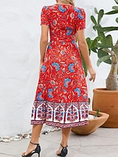 abordables Robes Bohémiennes-Femme Robe mi-longue Robe casual Robe Évasée Robe Trapèze robe boheme Bohême Décontractées du quotidien Standard Floral Manche Courte Col V Rouge Bleu Fuchsia Eté Printemps