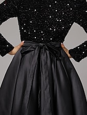 preiswerte SCHWARZ-Ballkleid Abendkleid Elegantes Kleid Hochzeitsgast Geburtstag bodenlang langärmlig V-Ausschnitt Taschensatin mit Pailletten-Tasche