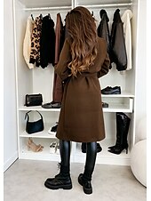 cheap Coats &amp; Trench Coats-Women&#039;s Coat Warm Comfortable Buttons With Belt Elegant Solid Color Casual Daily Double Breasted Lapel Regular Fit Long Sleeve Outerwear Black Red Apricot Winter